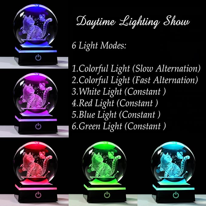 Qianwei Cat Gifts for Women Men Crystal Ball - 3D Laser Cat Decor Glass Animals Red Bird Figurines Statue Stuff for Room Decorations Cat Night Light - LeafyLoom