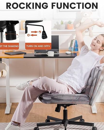 COMHOMA Criss Cross Chair with Wheels, Armless Wide Cross Legged Office Chair Mid Back, Modern Home Office Desk Chair Swivel Adjustable Vanity Computer Chair, Gray - LeafyLoom
