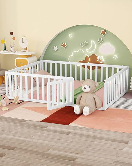 Multifunctional Queen Size Floor Bed with Safety Guardrails and Door, Montessori Sturdy Solid Wood Beds Frame, Easy Assembly and No Spring Need, for Boys and Girls Room, White - LeafyLoom
