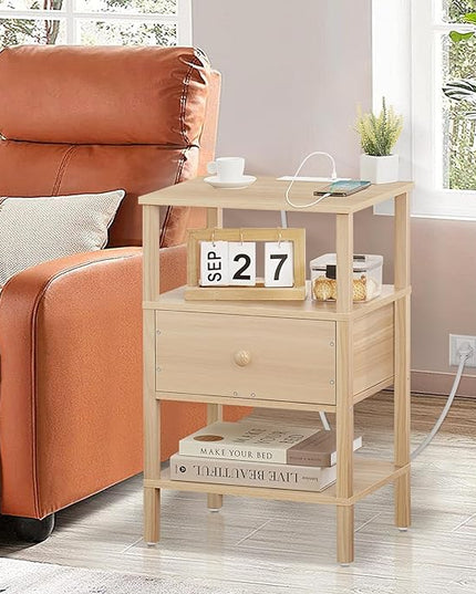 Lerliuo Nightstand Set of 2 with Charging Station and USB Ports, 3-Tier Storage End Table with Drawer Shelf, Night Stand for Small Spaces, Wood Bedside Table for Living Room, Bedroom-Light Wood Grain - LeafyLoom