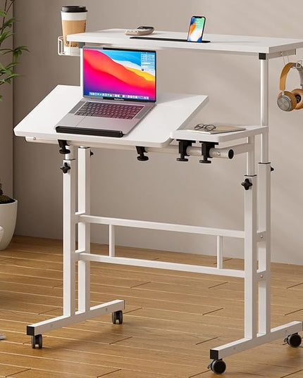 SDHYL 31.5 inches Movable Laptop Desk with Mouse Board Adjustable Height and Angle Anti-Slip Workstation Home Office Desk with Tablet Slot Portable Student Desk, White with Hook - LeafyLoom