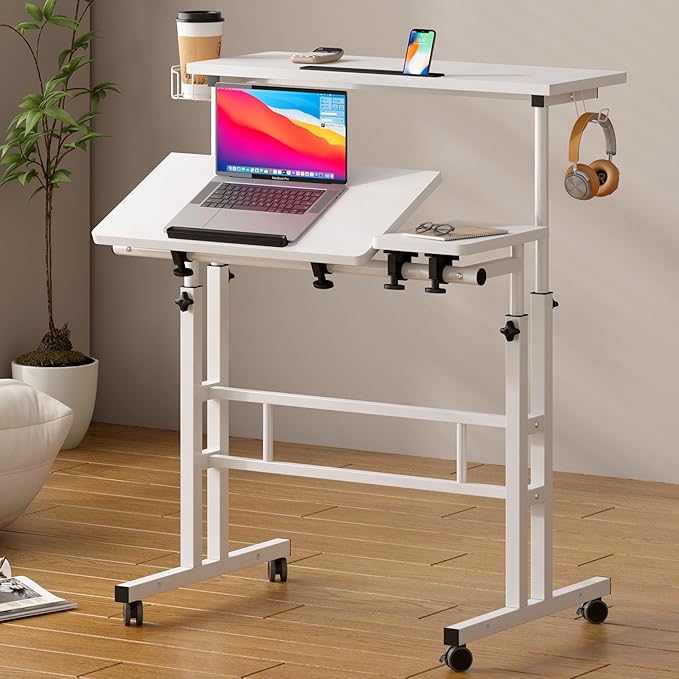 SDHYL 31.5 inches Movable Laptop Desk with Mouse Board Adjustable Height and Angle Anti-Slip Workstation Home Office Desk with Tablet Slot Portable Student Desk, White with Hook - LeafyLoom