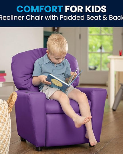 Flash Furniture Chandler Vinyl Kids Recliner with Cup Holder and Safety Recline, Contemporary Reclining Chair for Kids, Supports up to 90 lbs., Lavender - LeafyLoom