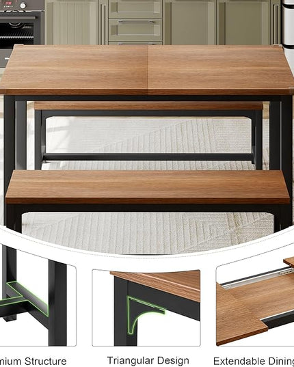 Feonase 63" Dining Table Set for 4-6, Extendable Dining Room Table with 2 Benches, 3 Pcs Kitchen Table for Small Space, Easy Clean, Walnut - LeafyLoom