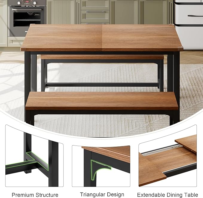Feonase 63" Dining Table Set for 4-6, Extendable Dining Room Table with 2 Benches, 3 Pcs Kitchen Table for Small Space, Easy Clean, Walnut - LeafyLoom