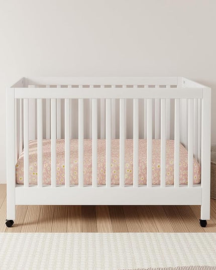 Babyletto Maki Full-Size 2-in-1 Portable Folding Crib with Toddler Bed Conversion Kit in White, Greenguard Gold Certified - LeafyLoom