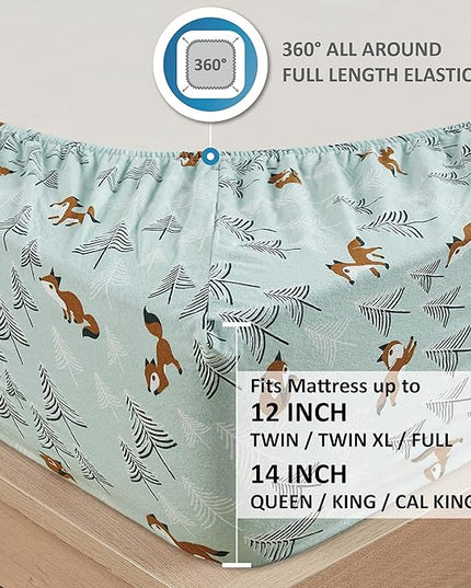 Comfort Spaces Cotton Flannel Breathable Warm Deep Pocket Sheets with Pillow Case Bedding, Twin, Seafoam Foxes 3 Piece - LeafyLoom