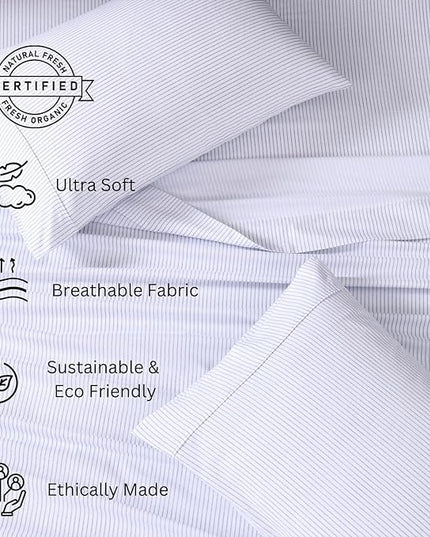 LANE LINEN 100% Organic Cotton Sheet Sets Queen Size, 4Pc Queen Size Cotton Sheets, Hotel Style Sheets, Bedding Sheets & Pillowcases, Queen Sheet Sets Deep Pockets Fits upto 15" - Blue Ticking Stripe - LeafyLoom