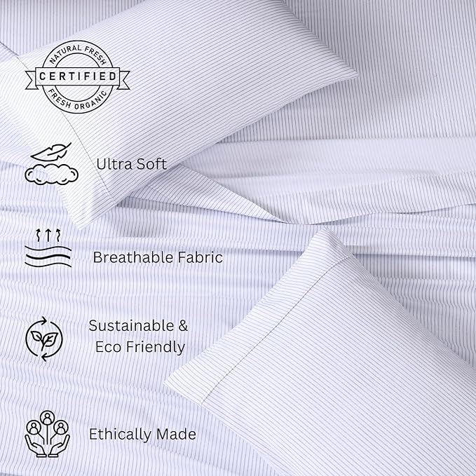 LANE LINEN 100% Organic Cotton Sheet Sets Queen Size, 4Pc Queen Size Cotton Sheets, Hotel Style Sheets, Bedding Sheets & Pillowcases, Queen Sheet Sets Deep Pockets Fits upto 15" - Blue Ticking Stripe - LeafyLoom