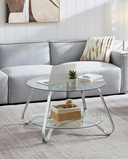 HOMBAZAAR Glass Coffee Table, Modern Coffee Table with Metal Frame and Tempered Glass Tabletop, 2-Tier Chrome Round Center Table for Living Room, Meeting Room, Silver - LeafyLoom