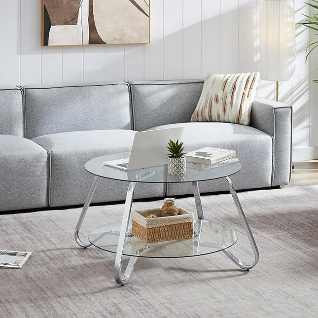 HOMBAZAAR Glass Coffee Table, Modern Coffee Table with Metal Frame and Tempered Glass Tabletop, 2-Tier Chrome Round Center Table for Living Room, Meeting Room, Silver - LeafyLoom