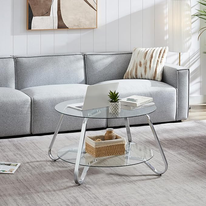 HOMBAZAAR Glass Coffee Table, Modern Coffee Table with Metal Frame and Tempered Glass Tabletop, 2-Tier Chrome Round Center Table for Living Room, Meeting Room, Silver - LeafyLoom
