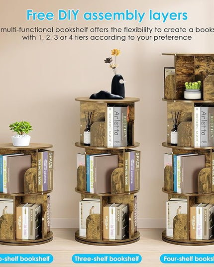 4 Tier Rotating Bookshelf kids, Small Corner Bookshelf for Small Space, 360 Display Floor Standing Bookcase Storage Rack, Wood Narrow Book Shelf Organizer for Home Office,Bedroom, Living Room - LeafyLoom