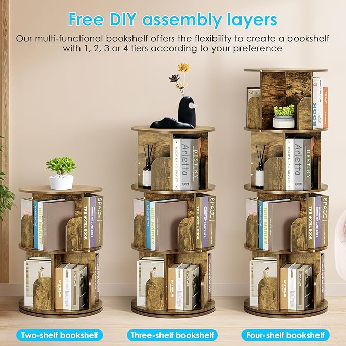 4 Tier Rotating Bookshelf kids, Small Corner Bookshelf for Small Space, 360 Display Floor Standing Bookcase Storage Rack, Wood Narrow Book Shelf Organizer for Home Office,Bedroom, Living Room - LeafyLoom