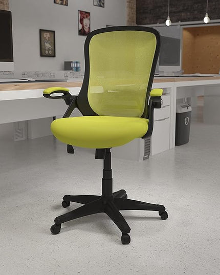 Flash Furniture Porter Mesh High Back Ergonomic Swivel Office Chair with Lumbar Support, Flip-Up Arms, Tilt Lock/Tilt Tension, Height Adjustable, Black/Green Frame - LeafyLoom