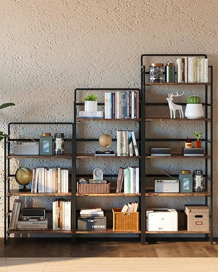 4NM No-Assembly 5 Tiers Folding Bookshelf Storage Shelves Vintage Bookcase Standing Racks Study Organizer Home Office (Rustic Brown, 5 Tiers) - LeafyLoom