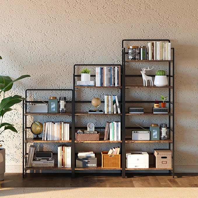 4NM No-Assembly 5 Tiers Folding Bookshelf Storage Shelves Vintage Bookcase Standing Racks Study Organizer Home Office (Rustic Brown, 5 Tiers) - LeafyLoom