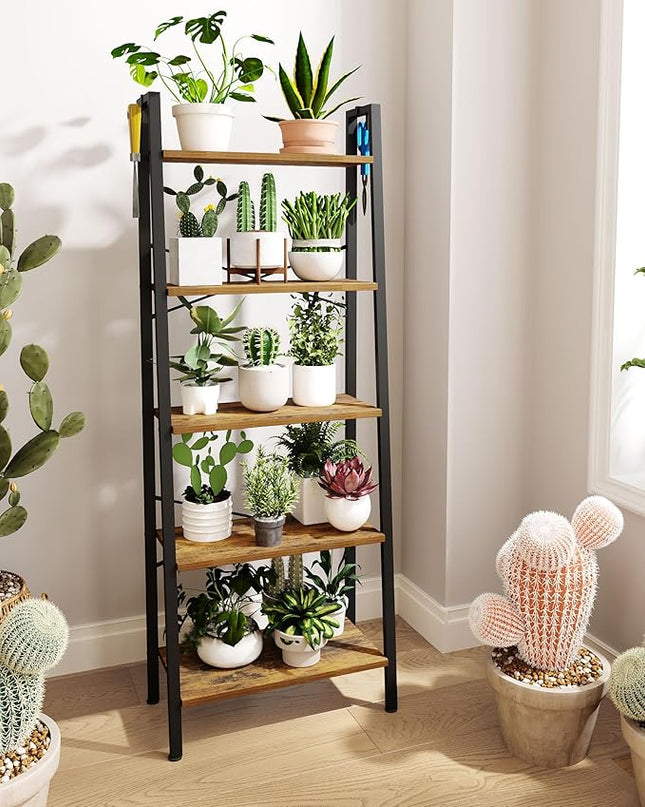 Ladder Shelf, Bookshelf Bookcase, Freestanding Corner Storage Shelve with 2 Hooks for Home Office, Living Room, Kitchen, Bedroom, Industrial, 5-Tier Rustic Brown BC19301B - LeafyLoom