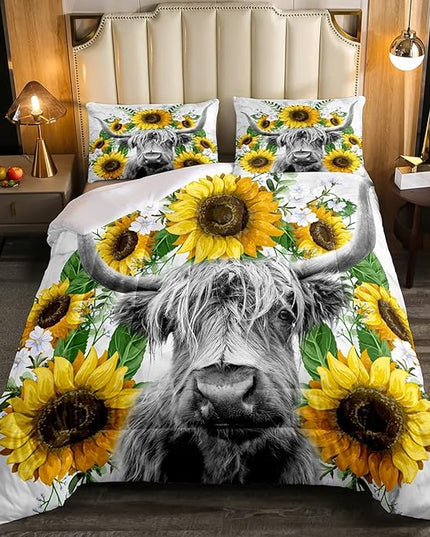 Highland Cow Comforter Set Full Sunflowers Art Down Comforter Rustic Bull Cattle Bedding Set For Kids Boys Girls Adult Farmhouse Western Funny Animal Wild Theme Duvet Set Grey Marble Comforter - LeafyLoom