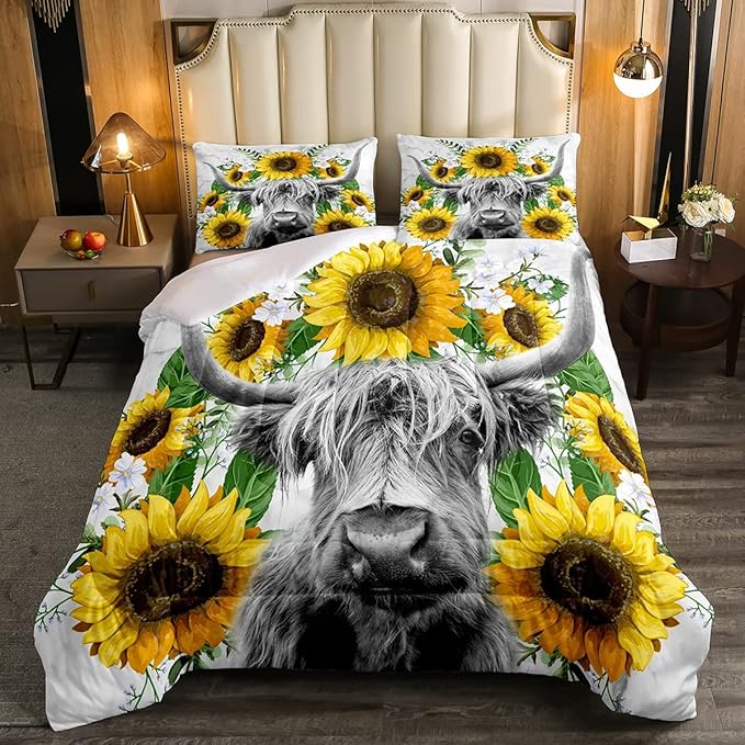 Highland Cow Comforter Set Queen Sunflowers Art Down Comforter Rustic Bull Cattle Bedding Set For Kids Boys Girls Adult Farmhouse Western Funny Animal Wild Theme Duvet Set Grey Marble Comforter - LeafyLoom
