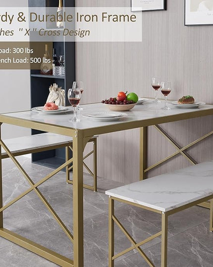 VECELO Kitchen Table with 2 Benches for 6,Wood Dining Room Dinette Sets with Metal Frame for Breakfast Nook and Small Space, 55", White&Gold - LeafyLoom