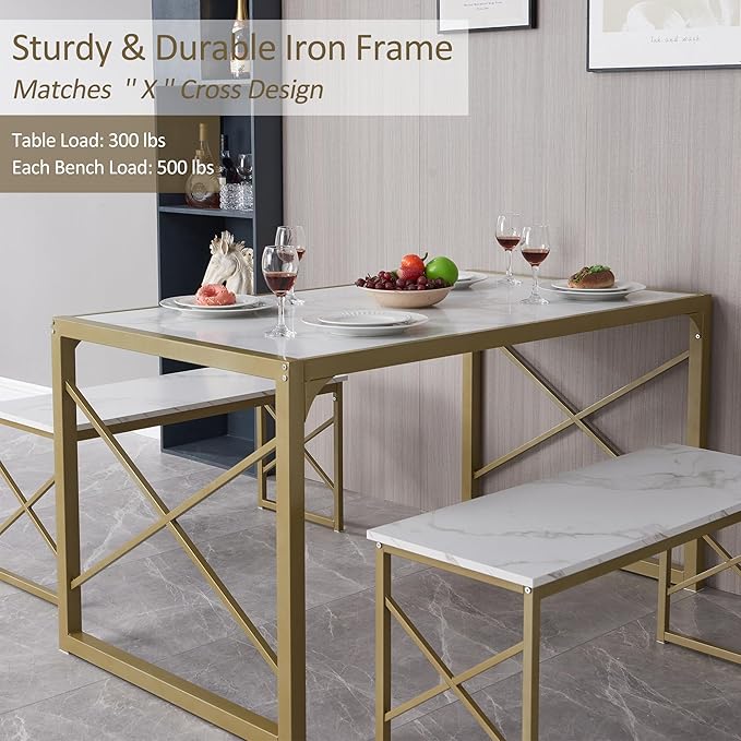 VECELO Kitchen Table with 2 Benches for 6,Wood Dining Room Dinette Sets with Metal Frame for Breakfast Nook and Small Space, 55", White&Gold - LeafyLoom