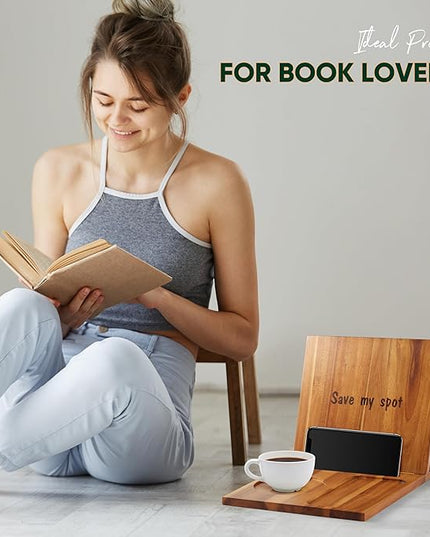 Triangle Book Holder, Book Rest, Acacia Foldable Book Nook Reading Valet, Triangle Book Stand with Cup, Pen, Glasses and Phone Holder for Bedroom, Nightstand or Office, Gifts for Book Lover - LeafyLoom