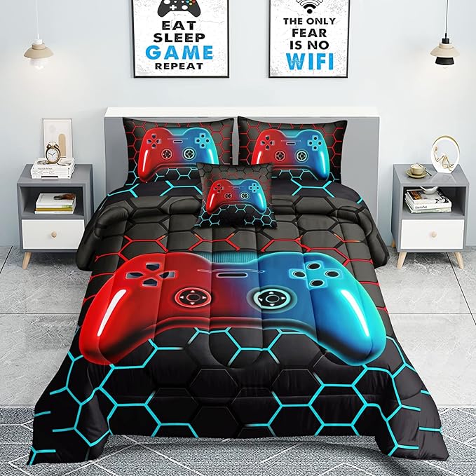 5 Pieces Bed in A Bag Gamer Bedding Set for Boys Kids Adult Gaming Comforters Set,Boys Bed in A Bag Set Twin Size Comforter with Fitted Sheet Flat Sheet Pillowcase pillowsham,DJTH5028Twin - LeafyLoom