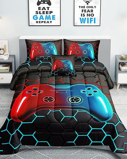6 Pieces Bed in A Bag Gamer Bedding Set for Boys Kids Adult Gaming Comforters Set,Boys Bed in A Bag Set Queen Size Comforter with Fitted Sheet Flat Sheet Pillowcase pillowsham,DJTH5028Queen - LeafyLoom