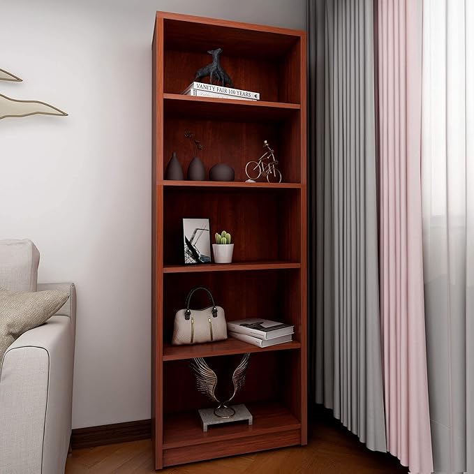5 Shelf Wood Bookcase Freestanding Display Shelf Adjustable Layers Bookshelf for Home Office Library Small Narrow Space(Cherry, 5-Layers,24.4W x 11.6D x 68.9H inch) - LeafyLoom