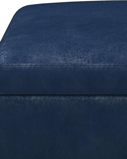 SIMPLIHOME Owen 36 Inch Wide Mid Century Modern Square Coffee Table Lift Top Storage Ottoman in Upholstered Distressed Dark Blue Faux Leather, For the Living Room - LeafyLoom