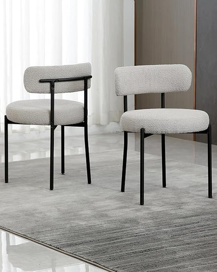 Light Grey Dining Chairs Set of 2 Round Upholstered Boucle Dining Room Chairs Mid-Century Modern Kitchen Chairs Curved Backrest Chairs for Dining Room Black Metal Legs - LeafyLoom