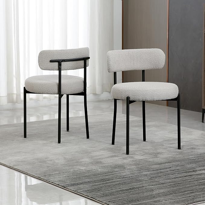 Light Grey Dining Chairs Set of 2 Round Upholstered Boucle Dining Room Chairs Mid-Century Modern Kitchen Chairs Curved Backrest Chairs for Dining Room Black Metal Legs - LeafyLoom