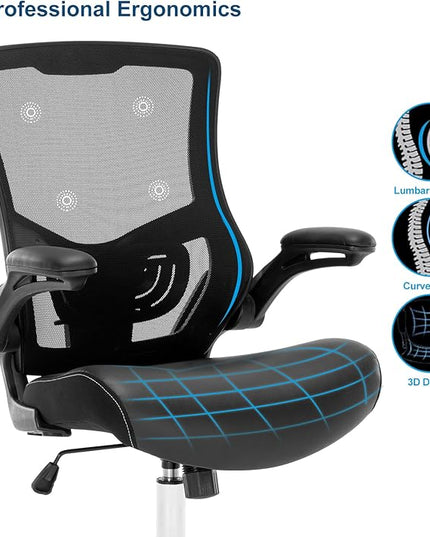 Office Chair Ergonomic Desk Chair with PU Leather Cushion Home Office Desk Chair, Computer Task Chair with Adjustable Lumbar Support & Flip-up Arms Swivel Mesh Back Executive Chair - LeafyLoom