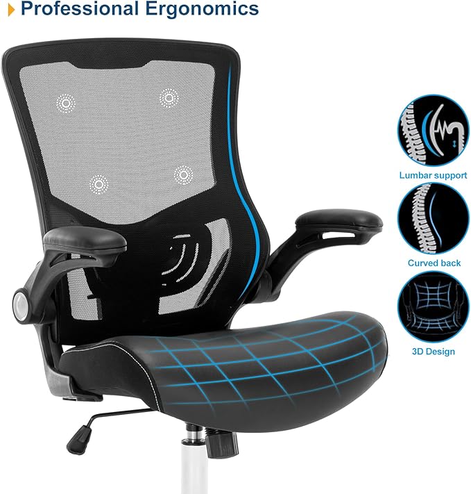 Office Chair Ergonomic Desk Chair with PU Leather Cushion Home Office Desk Chair, Computer Task Chair with Adjustable Lumbar Support & Flip-up Arms Swivel Mesh Back Executive Chair - LeafyLoom