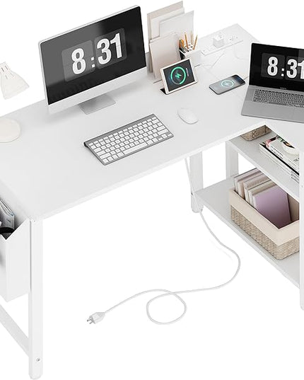 Lufeiya White L Shaped Computer Desk with Power Outlet Shelves, 40 Inch Small Corner Desk for Small Space Home Office, L-Shaped Desk PC Desks, White - LeafyLoom