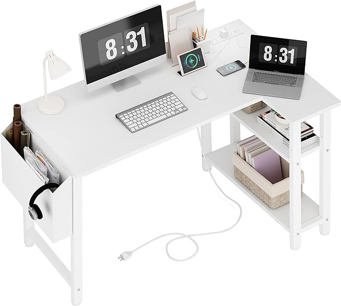 Lufeiya White L Shaped Computer Desk with Power Outlet Shelves, 40 Inch Small Corner Desk for Small Space Home Office, L-Shaped Desk PC Desks, White - LeafyLoom