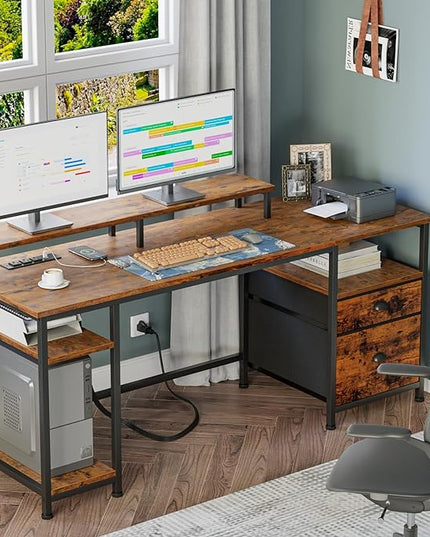Furologee 61" Computer Desk with Power Outlet and USB Ports, Large Desk with Shelves and Drawer, Writing Study Desk with Fabric File Cabinet and Long Monitor Stand, Gaming Desk for Home Office - LeafyLoom