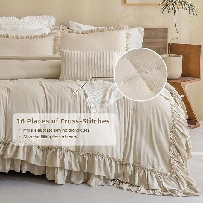 Ruffled Comforter Set Queen,3-Piece Farmhouse Shabby Boho Chic Bedding,Ultra Soft Fluffy Ruffle Bed Comforter Set (1 Wheat Comforter+2 Ruffle Pillow Shams) - LeafyLoom