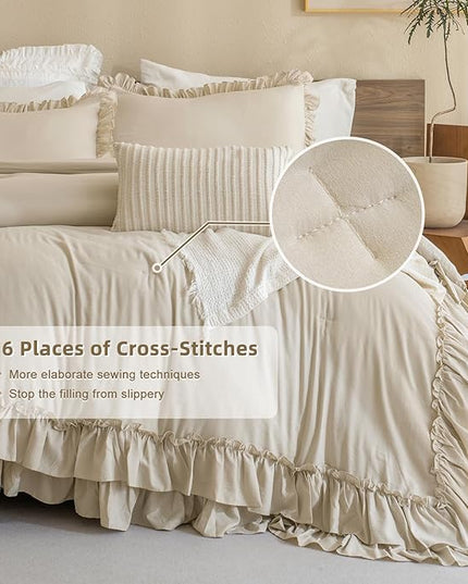 Farmhouse King Size Comforter Set,Shabby Boho Chic Bedding Ruffled King Bed Comforter Vintage Rustic French Country Bedding Sets 3 Pieces (1 Ruffle Comforter and 2 Pillowcases) - LeafyLoom