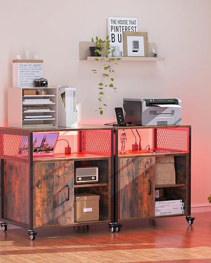 LED Rolling Wheels Filing Cabinet with Lock, File Cabinets with Charging Station, Printer Stand with Storage for Office Home, A4 Letter Size File Folders - LeafyLoom