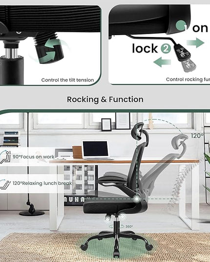 KERDOM Ergonomic Office Chair, Breathable Mesh Desk Chair with Headrest and Flip-up Arms for Office,Gaming,Computer Lumbar Support Swivel Task Chair, Adjustable Height,Black - LeafyLoom