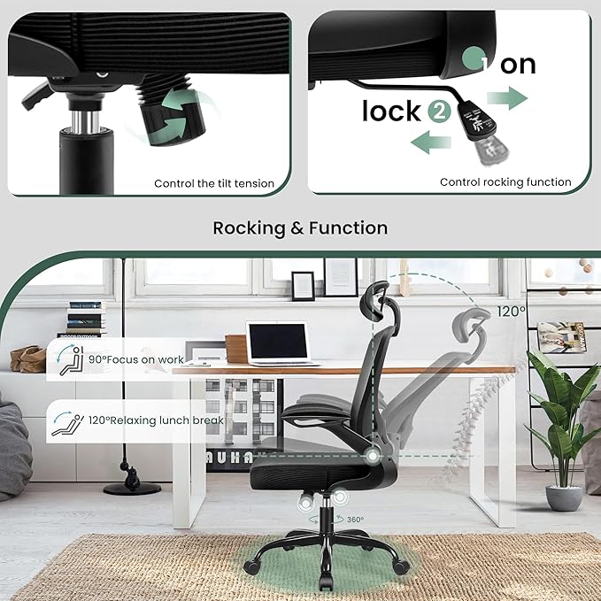 KERDOM Ergonomic Office Chair, Breathable Mesh Desk Chair with Headrest and Flip-up Arms for Office,Gaming,Computer Lumbar Support Swivel Task Chair, Adjustable Height,Black - LeafyLoom