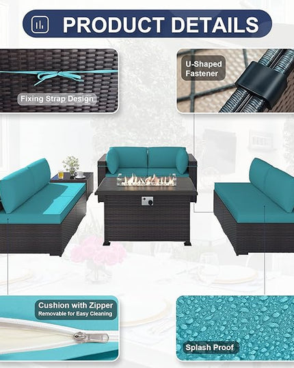 Patio Furniture Set with Fire Pit Table 8 PCS Outdoor Sectional Furniture Outdoor Rattan Patio Conversation Sets with 43in 55,000 BTU Propane Gas Fire Pit Table Glass Table, Blue - LeafyLoom