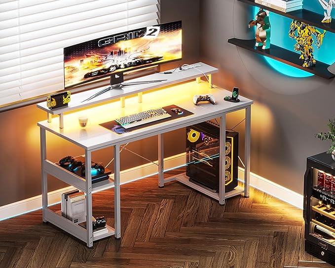 ODK 48 inch Gaming Desk with LED Lights & Power Outlets, Computer Desk with Monitor Stand & Storage Sheves, CPU Stand, Home Office Desk, White - LeafyLoom