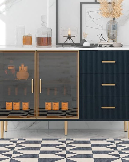 Modern Sideboard MDF with Marble Sticker Tabletop and Amber-Yellow Tempered Glass Doors,Freestanding Buffet Storage Cabinet,W/Gold Metal Legs & Handles,for Dining Room,Kitchen,Navy Blue, 60" - LeafyLoom