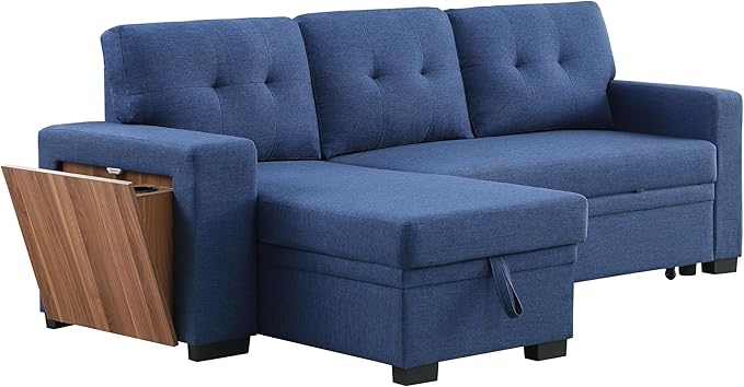 92 inch Convertible Sleeper L-Shaped Sectional Sofa with Storage Chaise, Upholstered Reversible Couch with Side Open Cup Holder for Apartment, Dorm, Living Room, Blue - LeafyLoom