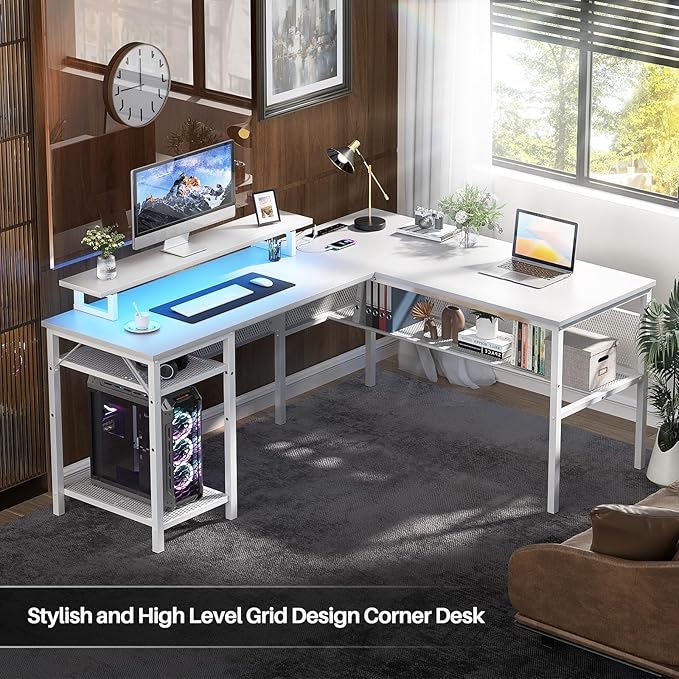 L Shaped Desk, 55 Inch Reversible Computer Desk with Magic Power Outlet and Cool LED Light, Sturdy Corner Office Desk with Ergonomic Monitor Stand, Gaming Table, Attractive Grid Design, White - LeafyLoom