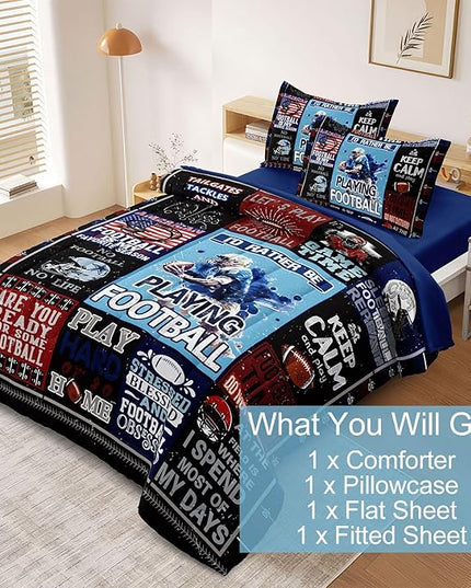 American Football Bedding Twin for Teen Boys, Kids Sports Comforter Set Bed in A Bag, Blue Children Bed Set with Sheets Twin Size - LeafyLoom