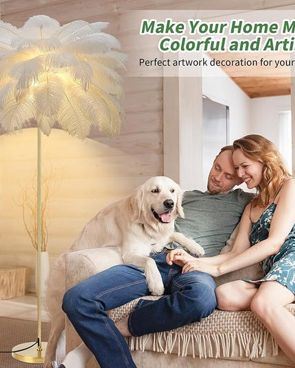 Feather Lamp, Natural Ostrich Feather Floor Lamp for Living Room, 63in Height, 3 Color Temperatures Bright LED Bulbs, Modern Funky Tall Lamp Standing Light for Bedroom (White) - LeafyLoom